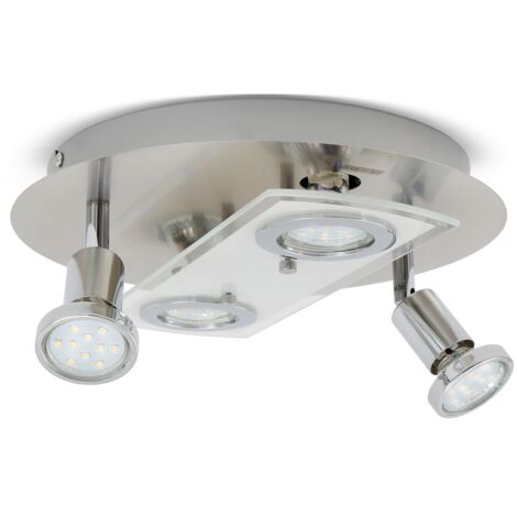 B.K.Licht – Plafonnier LED rond en métal et verre – 4 spots orientables GU10 – Lumière blanche chaude 3000K – Économie d'énergie 20.000 heures