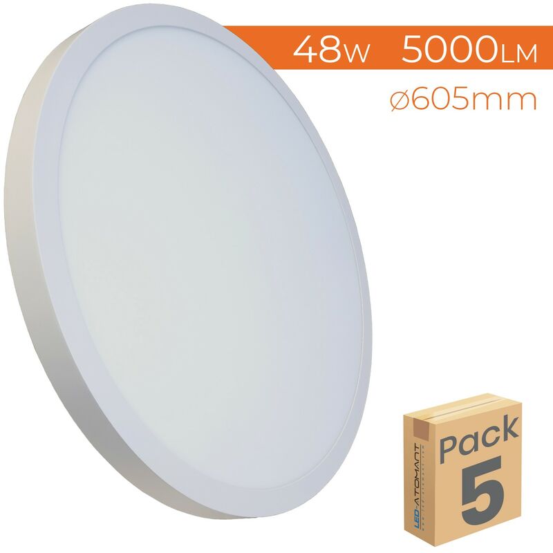 Plafonnier led rond panneau <strong>surface</strong> 48w 5000lm 605mm | blanc froid 6500k - pack 5 pcs.