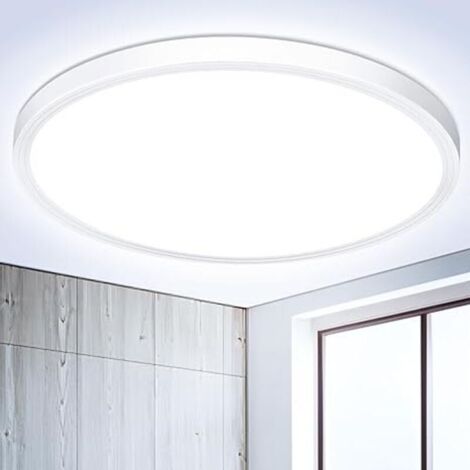 Plafonnier LED rond plat - 18 W 6500 K 1600 lm IP44, blanc froid moderne, idéal pour salle de bain, couloir, cuisine, chambre, balcon, salon, escalier, sous-sol, Ø 22,3 cm [Classe énergétique E]