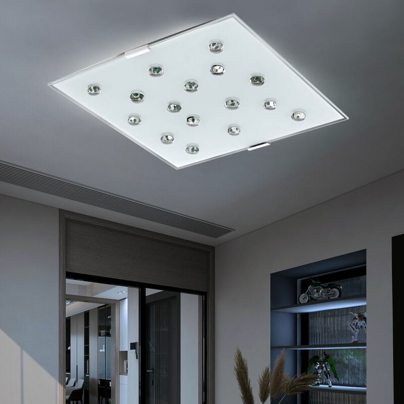 Plafonnier led salon plafonnier verre dépoli chambre plafonnier acier blanc, avec pierres de verre clair, 1x led 12W 1020Lm blanc chaud, LxH 29x7,5 cm