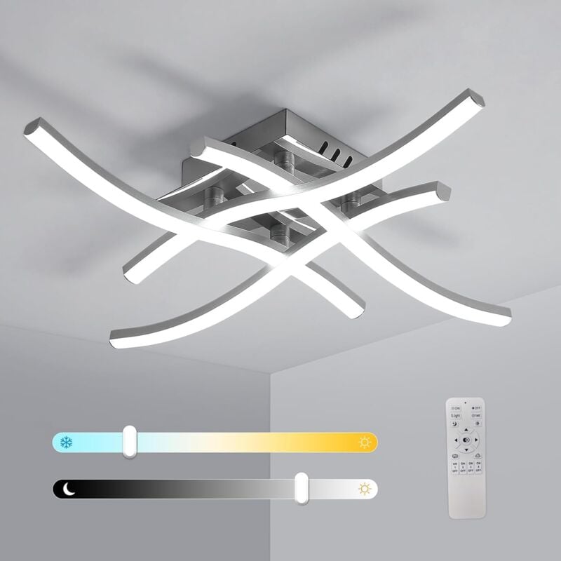 Pheashine Plafonnier led avec Télécommande 28W Plafonnier Led Salon Dimmable 3000K-6500K Reglable, Plafonnier Led Moderne Incurvé Chrome, 4 Lumières,