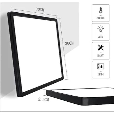 Plafonnier LED ultrafin carré 30 cm 36W 4500K blanc neutre 3200 lumens - Luminaire moderne pour cuisines et couloirs - Noir