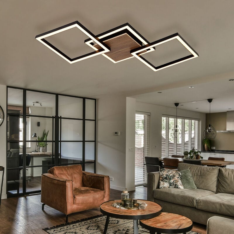 Plafonnier aspect bois plafonnier lampe de salon led design marron clair noir, 24W 1400lm blanc chaud, LxH 63x5,7 cm