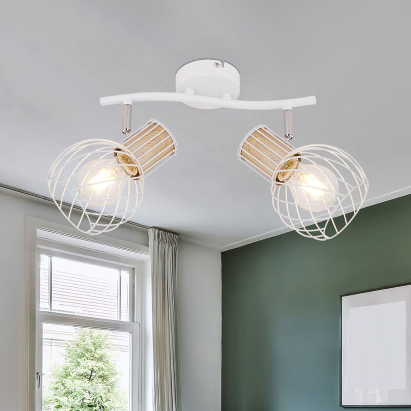 Plafonnier spot vintage plafonnier 2 lampes spot métal blanc avec spots orientables, maille métallique rétro, 2x douilles E27, LxlxH 29,6x23x18,5 cm