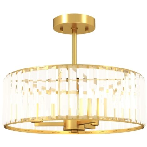 Plafonnier, lustre design, abat-jour en cristal, 3 ampoules, métal, couleur or