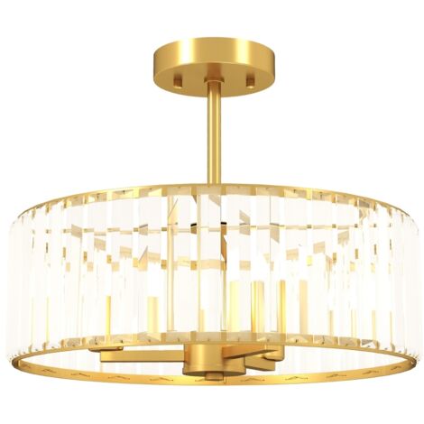 Plafonnier, lustre design, abat-jour en cristal, 3 ampoules, métal, couleur or