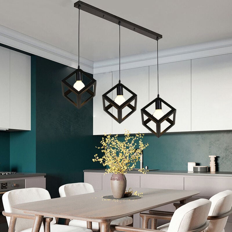 Métal Suspension Luminaire Industrielle en Barre 3 Lampes, Lampe de Plafond Abat-Jour E27, Noir