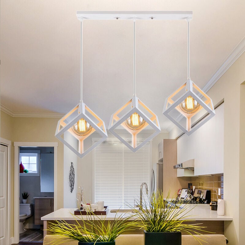 Plafonnier Lustre Eclairage Suspension Pendentif Cube Carré 3 Lumières Blanc