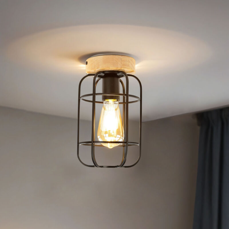 Licht-erlebnisse - Plafonnier Métal Bois Fil Abat-jour E27 Marron Noir Rond dyk Plafonnier