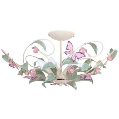 Plafonnier métal fleurs papillons multicolore 5xE14