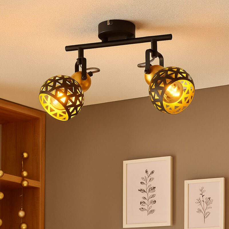 Plafonnier métal noir doré Spot plafond 2 flammes Plafonnier à spots orientables, métal, motif, 2x douilles E14, LxlxH 25x10x17,5 cm