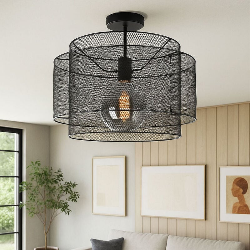 Plafonnier métal plafonnier noir rond salle à manger lampe cage éclairage en forme de treillis, douille 1x E27, DxH 40x35 cm
