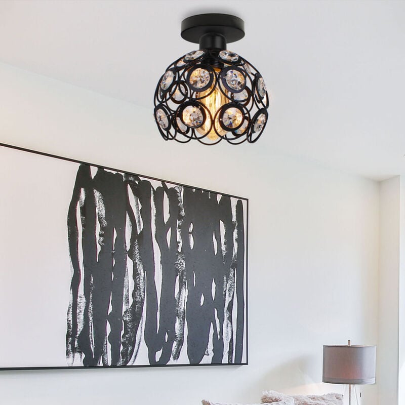Plafonnier Moderne E27 Luminaire Suspension Abat-Jour en Cristal Lampe de Plafond Intérieur Noir Ø20CM - 1Pcs