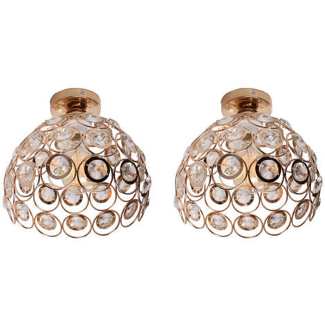 Plafonnier Moderne E27 Luminaire Suspension Abat-Jour en Cristal Lampe de Plafond Intérieur Or Ø26CM - 2Pcs