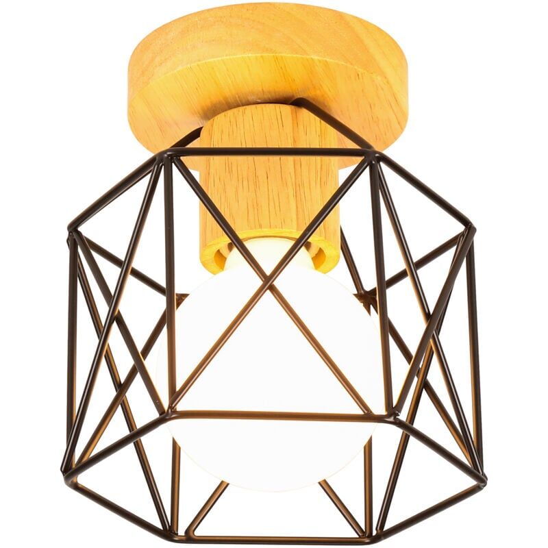 Plafonnier Moderne Noir avec Abat-jour en Métal Cage et Base en Bois, Style Rétro pour Salon Cuisine Couloir Chambre et Café (14x14x16 cm) Goeco