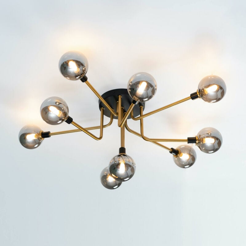 Kosilum - Plafonnier moderne noir et doré 9 boules en verre ambré - Merano