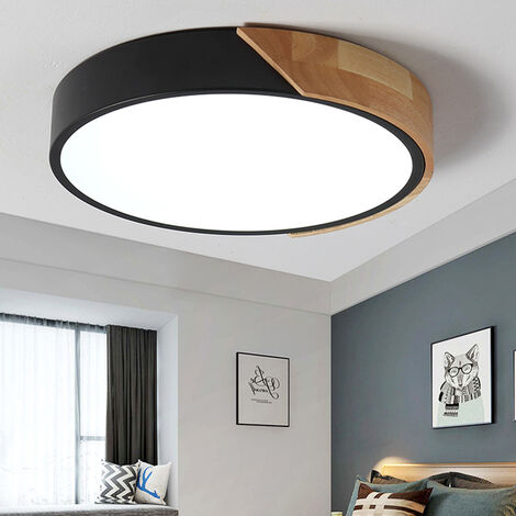 Plafonnier Moderne Nordique en Métal Bois LED Lampe Luminaire Ronde Plafonnier Intérieur 30cm pour Chambre Salle de Bains Salon Porche Café Noir Mat - Blanche Chaude