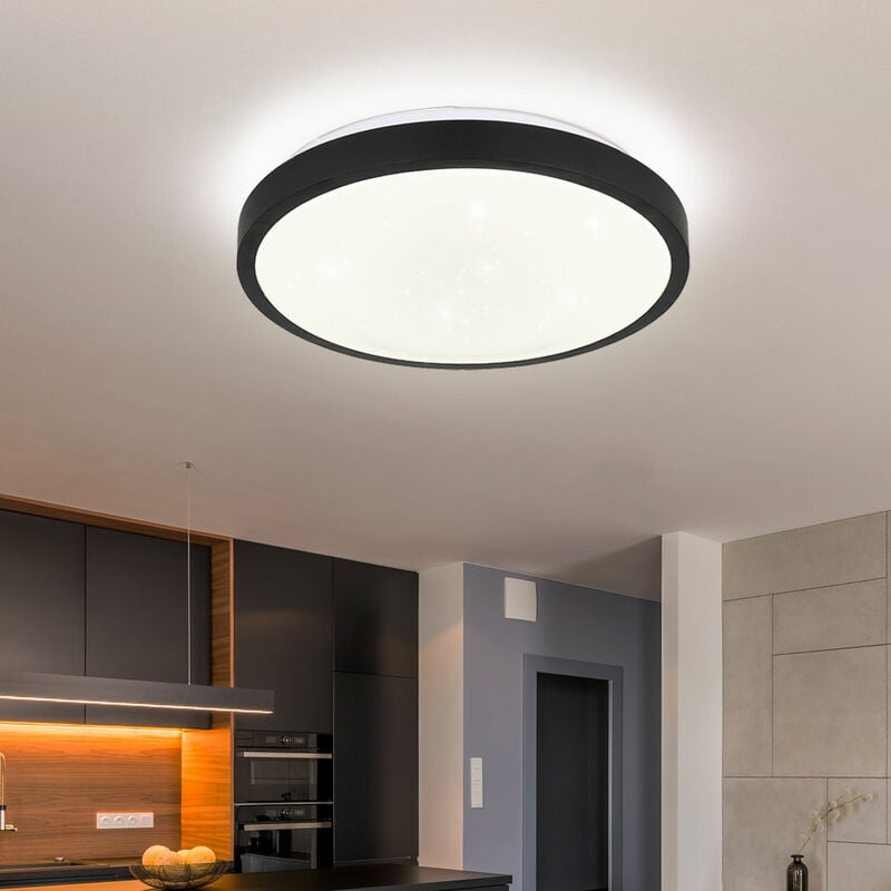 Plafonnier LED noir chambre à coucher moderne, plafonnier détecteur de mouvement IP44, métal acrylique opale, 18W 980lm 4000K blanc neutre, D 30 cm