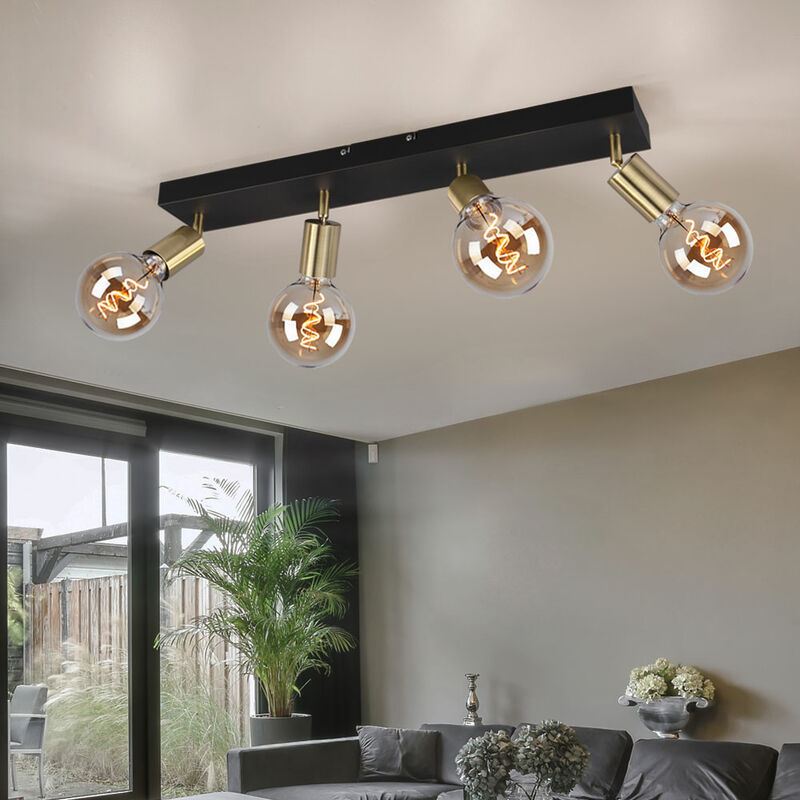 Plafonnier, noir, lampe de salon, bande Spot moderne, 4 flammes, spot de plafond orientable, métal doré mat, 4x douille E27, LxlxH 60x9x12 cm