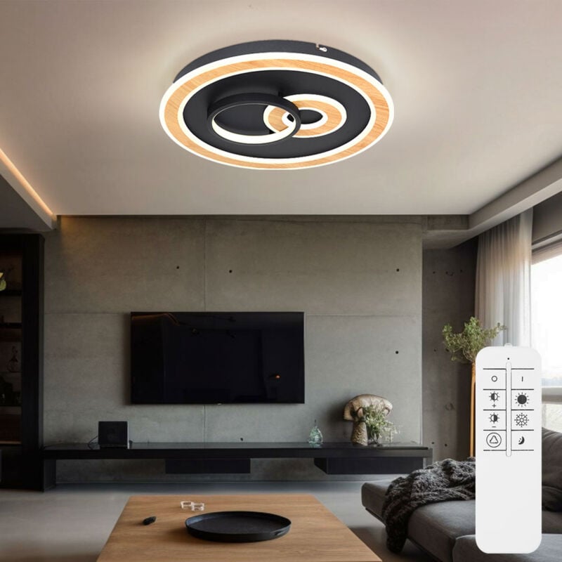 Globo - Plafonnier noir lampe de salon plafonnier moderne dimmable, télécommande led Smartlight cct aspect bois, led 50W 2200lm 2700-6500K, DxH 50x7