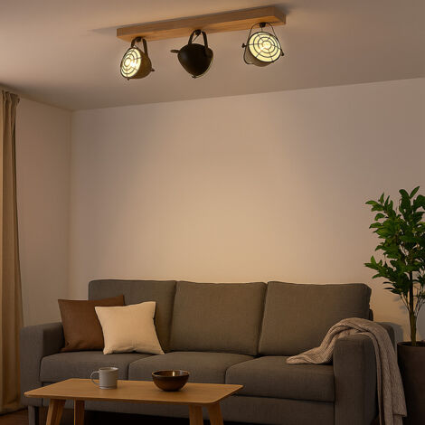 Plafonnier, noir, lampe de salon, spot de plafond maison de campagne, 3 flammes, lampe en bois, barre de spot pivotante, métal mat, 3x E14, LxlxH 59x11x20,5 cm