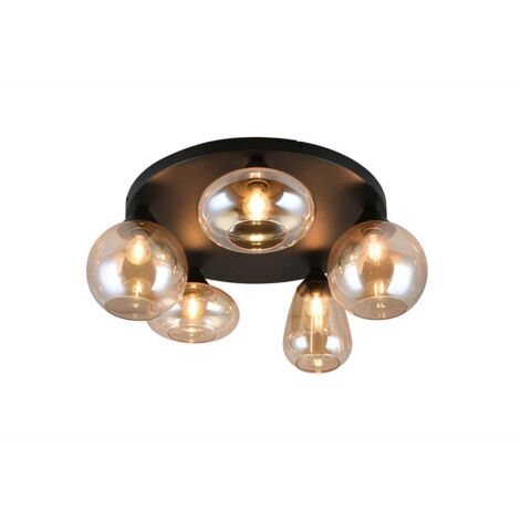 Plafonnier noir mat en verre ambré pour salon, D 63,5 cm