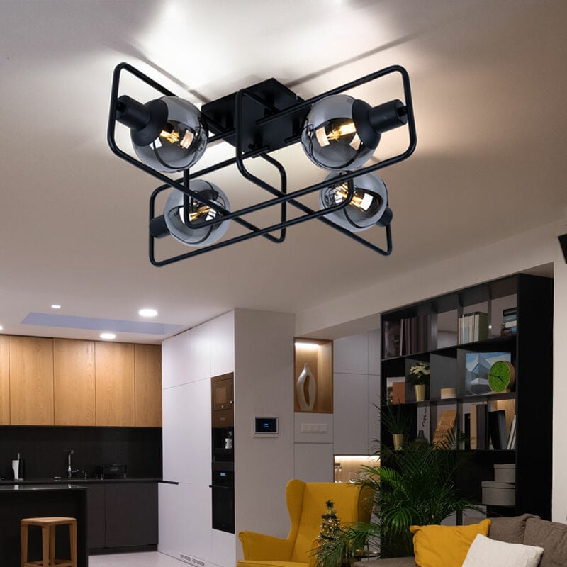 Plafonnier noir plafonnier industriel rétro couleur fumée lampe de salon boules de verre, métal, 4 flammes E14, LxlxH 61x61x20 cm