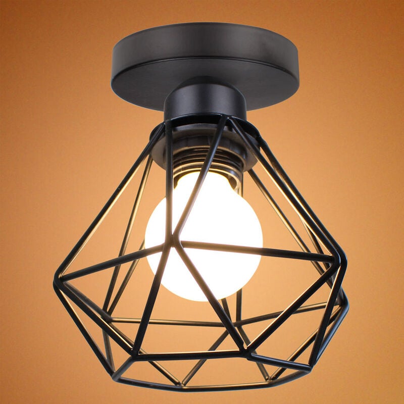 Vintage Plafonnier Industriel E27 Lampe Suspension Cage Abat-jour Métal pour Chambre Couloir Bar Noir