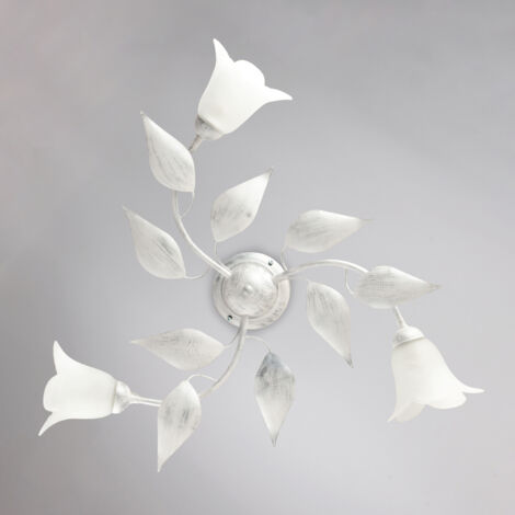 Plafonnier Olga Fer Blanc, Déco Argent Antique, Verre Albâtre D.14, 3 Lumières D.67 Cm Pour Pièces Raffinées