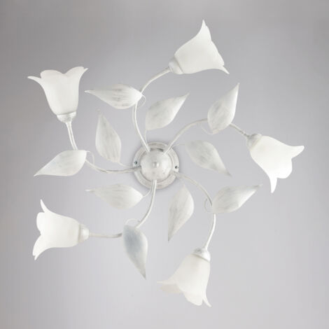 Plafonnier Olga Fer Blanc, Déco Argent Antique, Verre Albâtre D.14, 5 Lumières D.70 Cm Lumière Diffuse Élégante