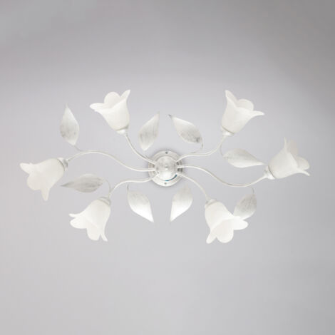 Plafonnier Olga Fer Blanc, Déco Argent Antique, Verre Albâtre D.14, 6 Lumières 70X52 Cm Déco Sobre Et Chic