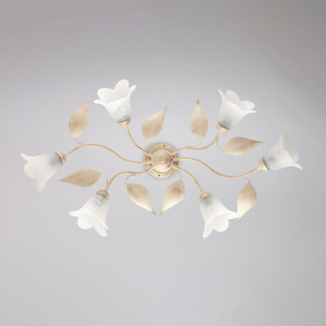 Plafonnier Olga Fer Ivoire, Déco Or Antique, Verre Albâtre D.14, 6 Lumières 70X52 Cm Design Lumineux Vintage