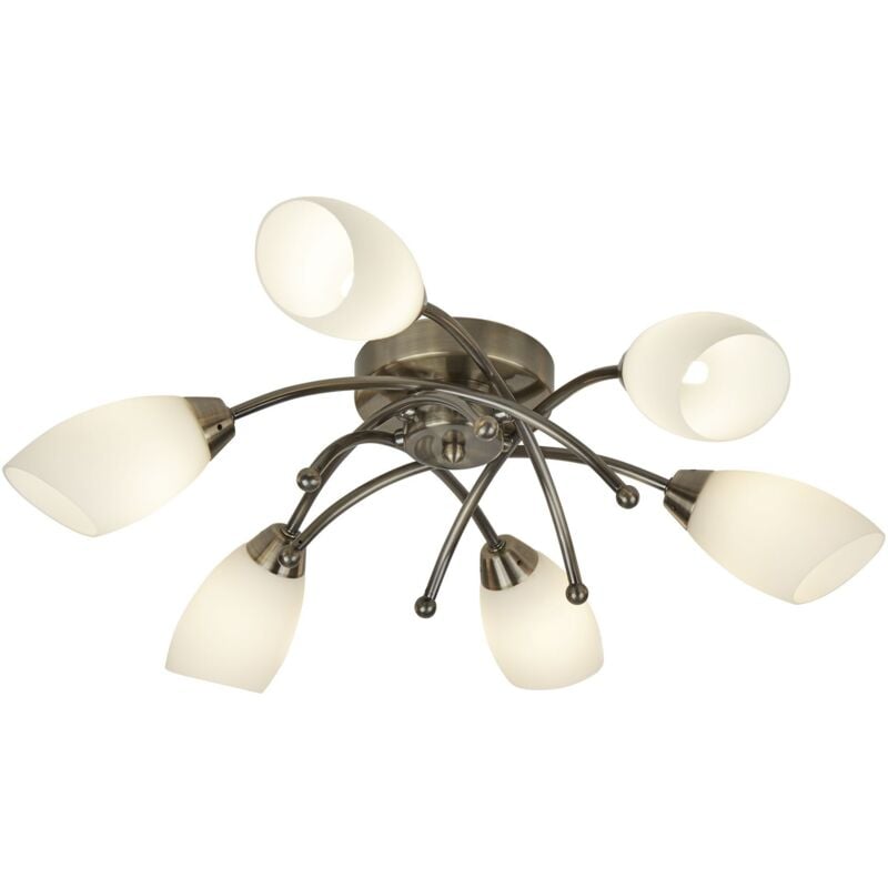 Opera - Plafonnier affleurant à 6 bras à 6 branches en laiton antique et verre opale, G9 - Searchlight