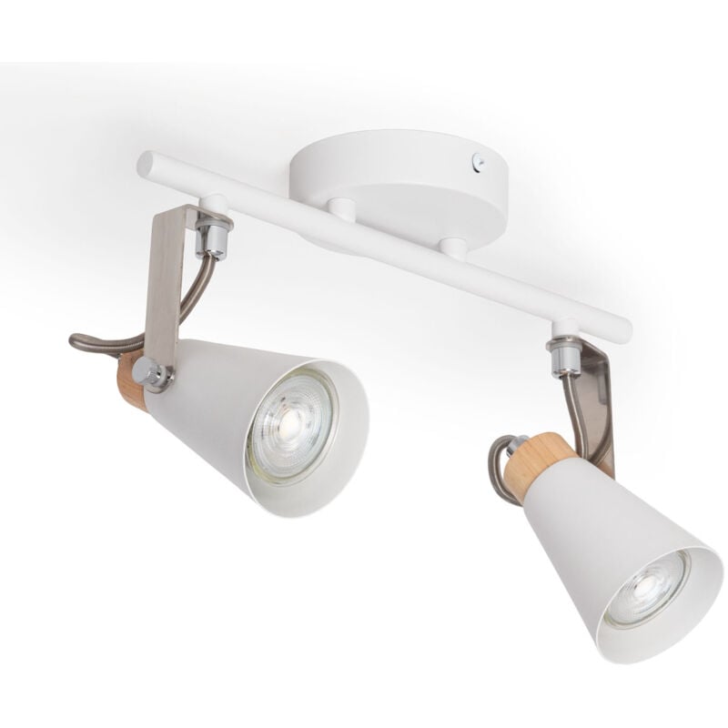 Ledkia - Plafonnier Orientable Métal et Bois Mara 2 Spots Blanc