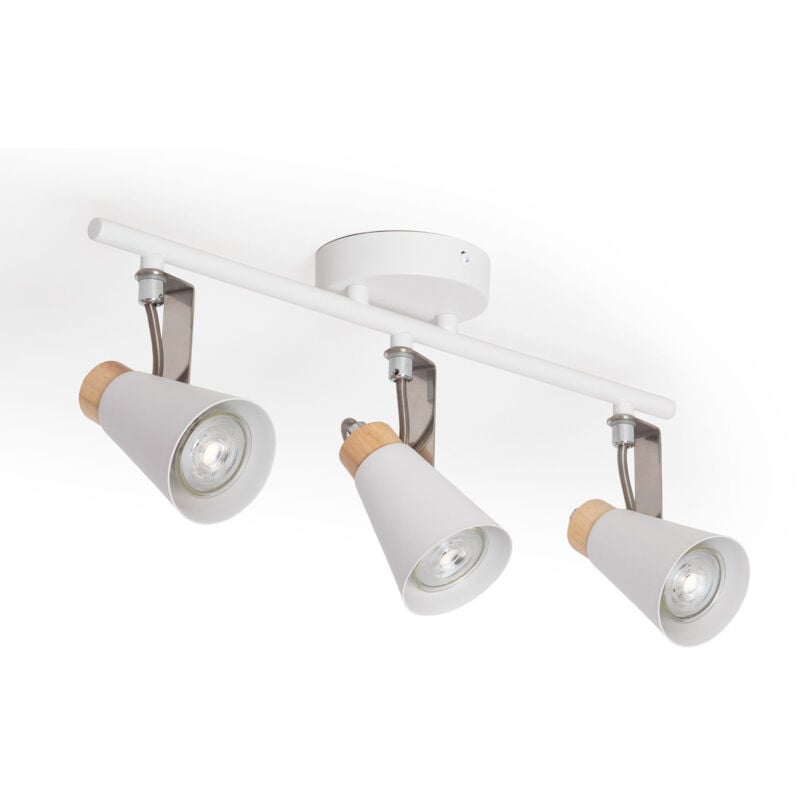 Ledkia - Plafonnier Orientable Métal et Bois Mara 3 Spots Blanc