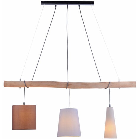 Plafonnier pendule textile salon poutre en bois suspension dans un ensemble comprenant des ampoules LED