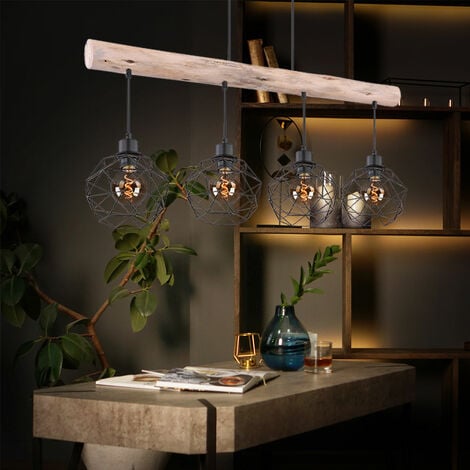Plafonnier pendule vintage grille de poutre en bois suspension noire dans un ensemble comprenant des ampoules LED