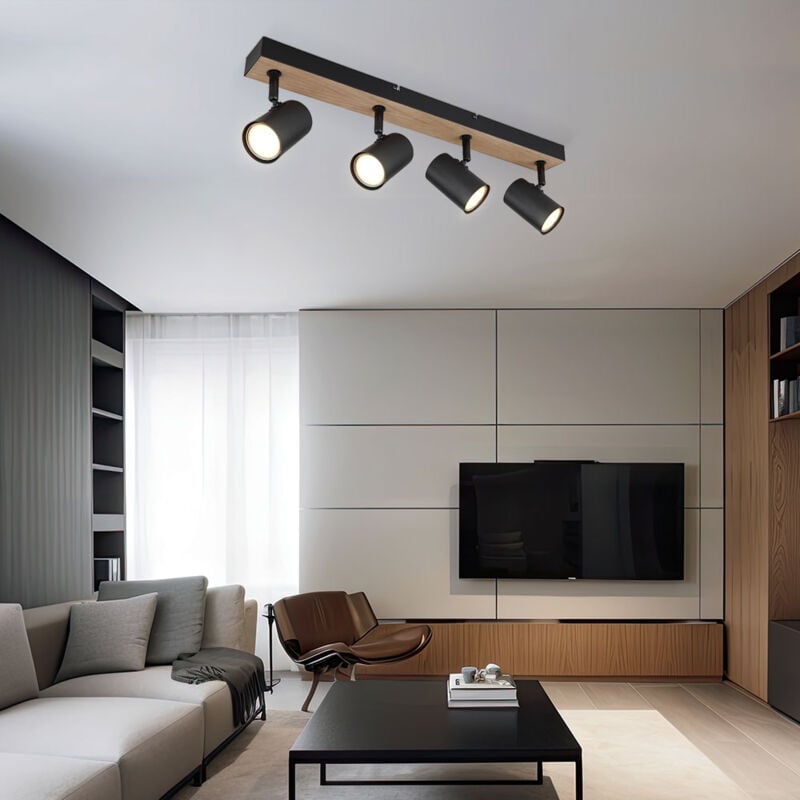 Plafonnier Plafonnier 4 flammes spot orientable aspect bois noir avec spots orientables, métal noir, 4x douilles GU10, LxlxH 55,5x6x13,5 cm