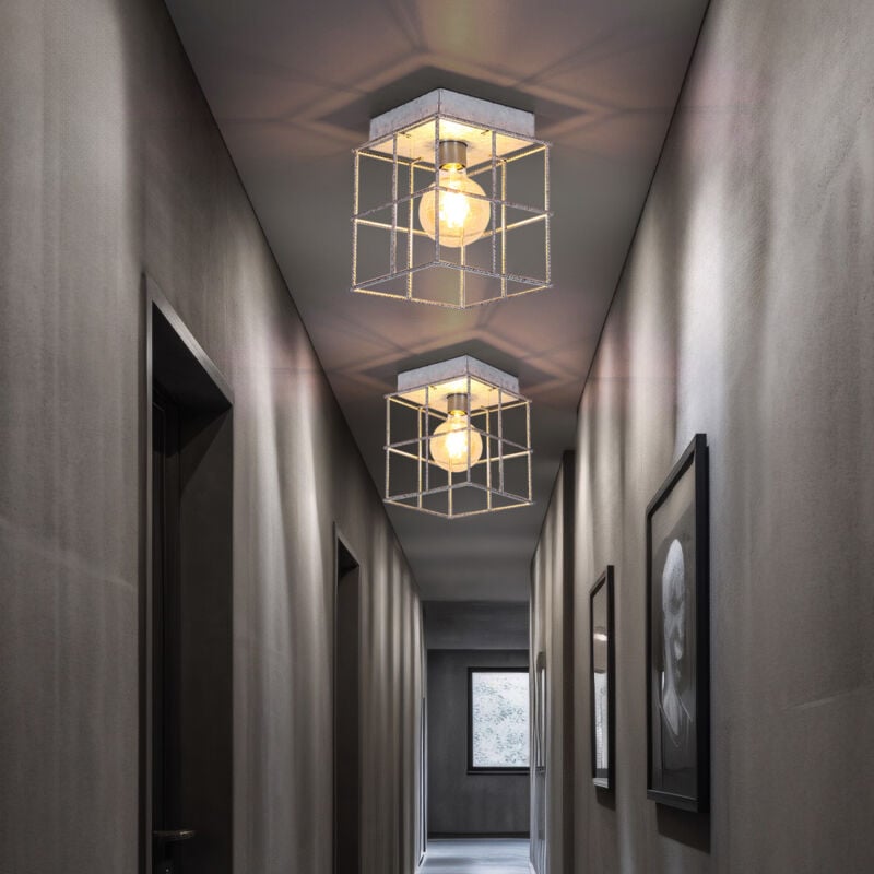 Plafonnier Plafonnier à 1 lampe salon spot industriel E27, grille métallique couleur zinc, 1x douille E27, LxlxH 20x20x20 cm, lot de 2