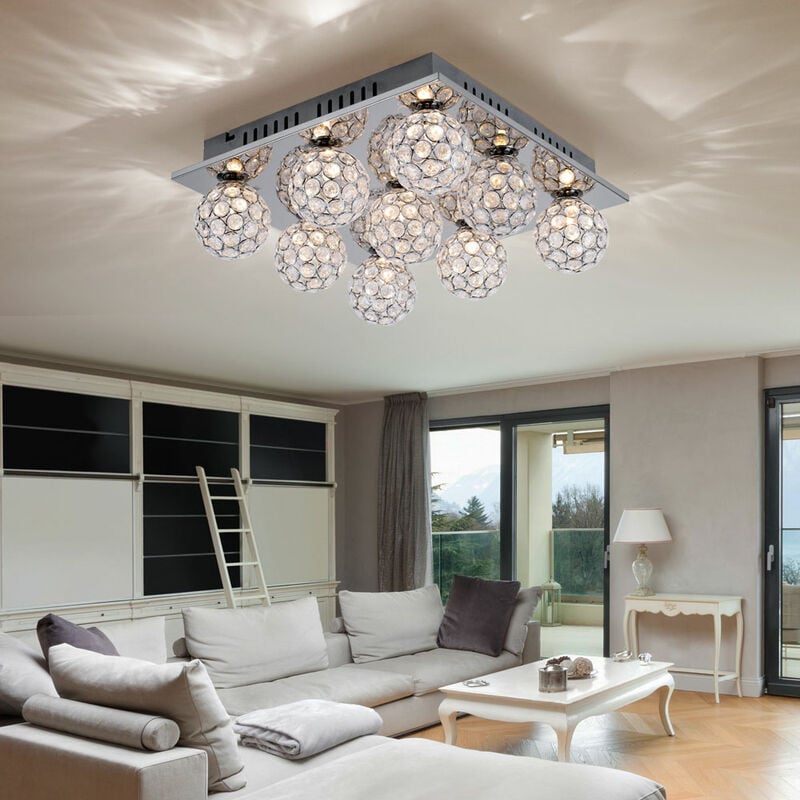 Plafonnier plafonnier carré chrome 9 flammes boules de cristal acrylique lampe lumineuse