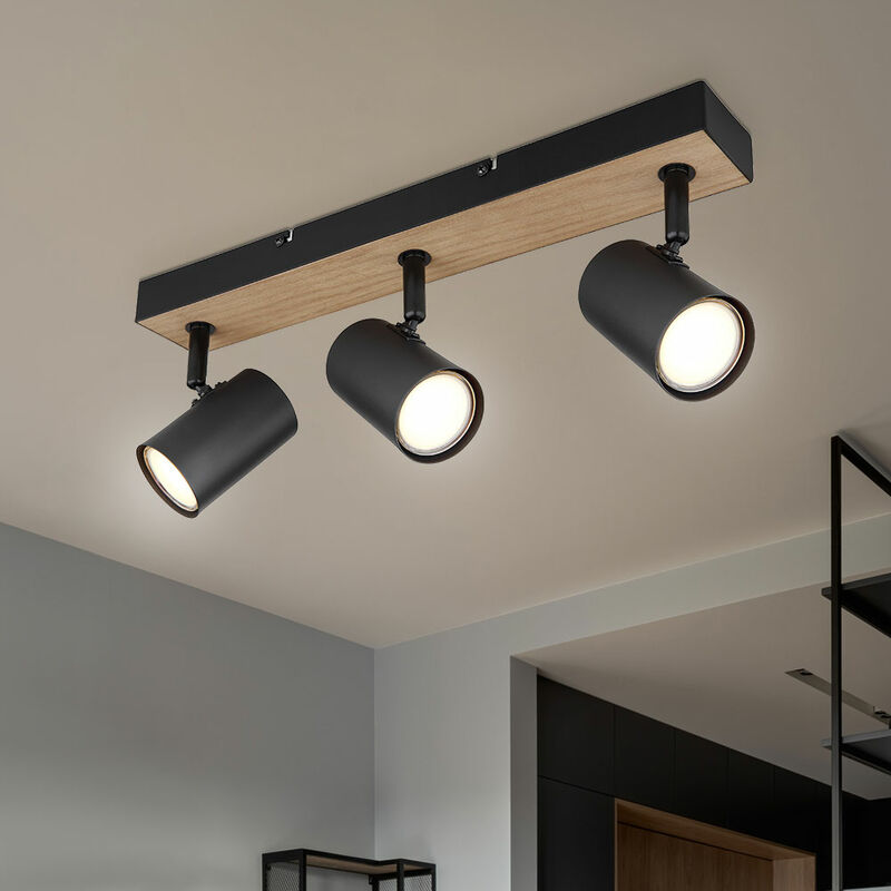 Plafonnier Plafonnier chambre à coucher spot bande spot 3 flammes pivotant, métal bois, noir, GU10, LxPxH 41x6x13,5 cm