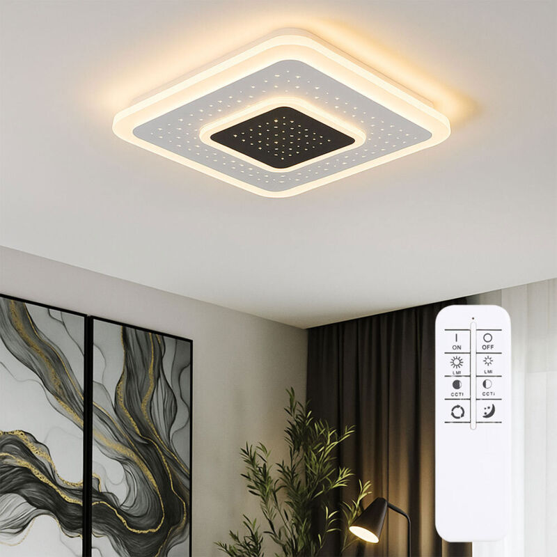 Plafonnier led avec télécommande dimmable chambre effet étoile blanc, fonction mémoire veilleuse, 1x 47W 2157Lm 2700-6000K, LxlxH 46x46x5,5