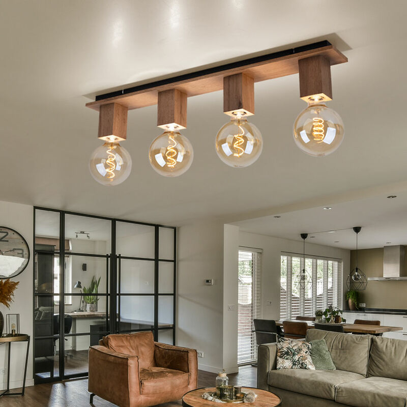 Plafonnier plafonnier lampe de salle à manger lampe de salon lampe de chambre, métal aspect bois noir, 4 ampoules, E27, l 80 cm