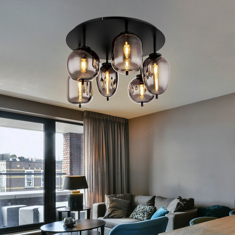 Globo - Plafonnier plafonnier lampe de salle à manger verre fumé 6 flammes, métal noir, 6x douilles E14, DxH 65x38cm