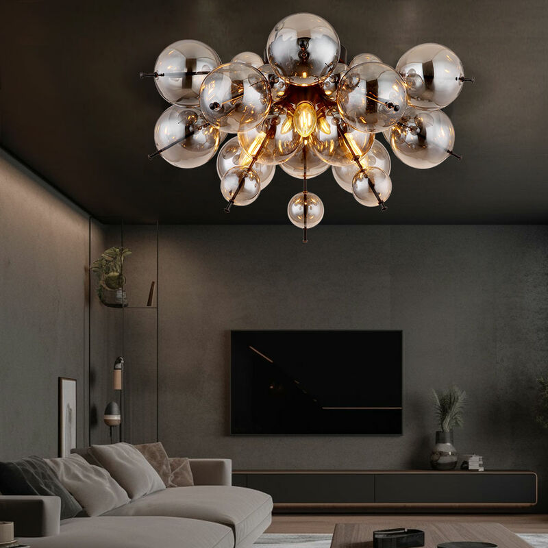 Lampe de plafond 3 flammes Lampe de plafond Salon Boule de verre fumé noir, métal verre, 3x E14 douilles, DxH 55x28 cm