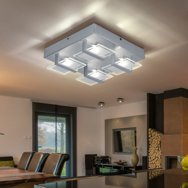 Plafonnier plafonnier lampe de salon lampe de chambre, 4 flammes, verre satiné clair, 4x LED 5W 332 Lm 3200K, LxPxH 26x26x7,8cm