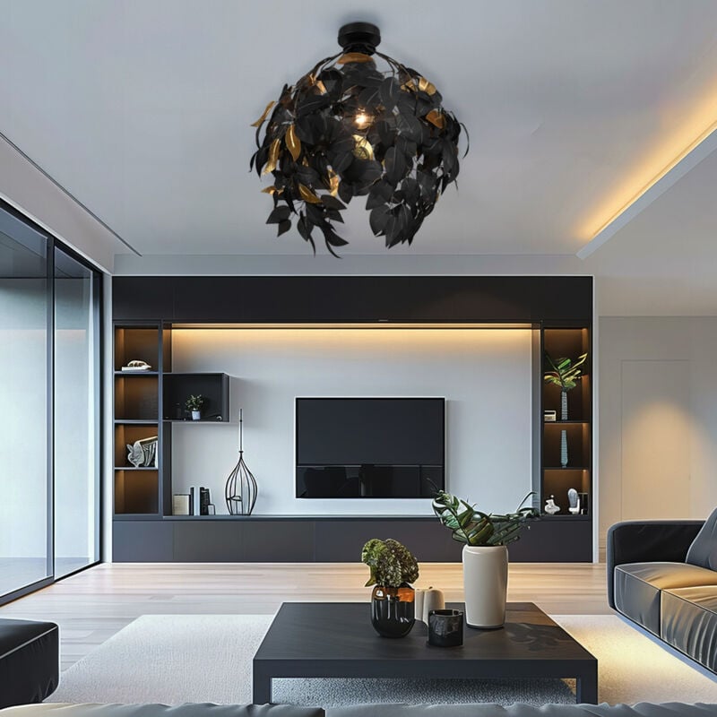 Plafonnier plafonnier lampe de salon lampe de chambre à coucher, lampe design avec décoration de feuilles, naturel, feuilles, métal, or noir, 1x