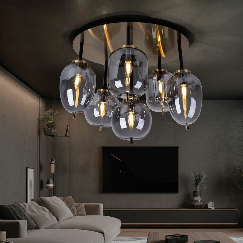 Globo - Plafonnier plafonnier lampe de salon lampe de salle à manger, 6 flammes, métal laiton verre couleur fumée, 6x douilles E14, DxH 65x38cm
