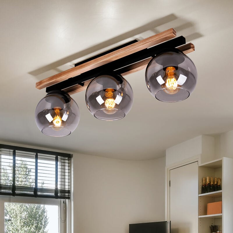 Globo - Plafonnier Plafonnier lampe de salon lampe de salle à manger, métal bois de chêne noir fumé, 3 flammes, E27, LxH 60x20,5 cm