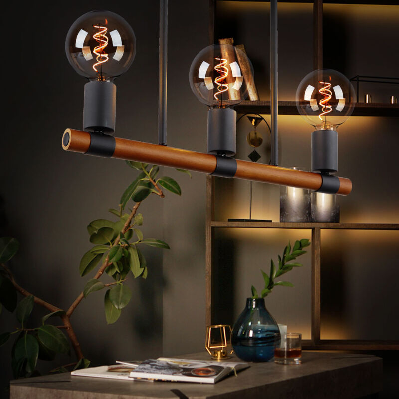 Plafonnier plafonnier lampe de salon lampe de table à manger lampe en bois lampe en bois, 3 ampoules rétro, métal noir marron poutres en bois, E27,